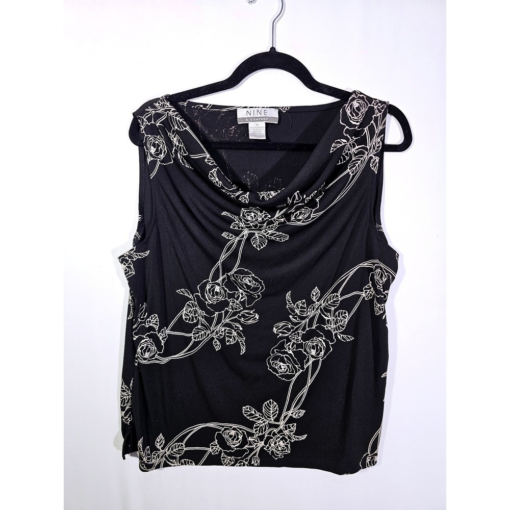 90s Minimalist Floral Cowl Neck Nine & Company Sleeveless Top Women 1X Black